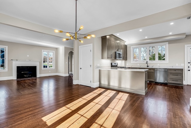 kitchen with gray cabinets, stainless steel appliances, a wealth of natural light, and dark wood-type flooring