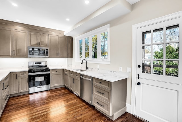 kitchen featuring dark hardwood / wood-style flooring, plenty of natural light, stainless steel appliances, and sink