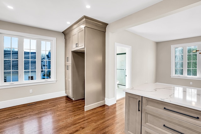 kitchen with a water view, light stone counters, dark wood-type flooring, and gray cabinetry