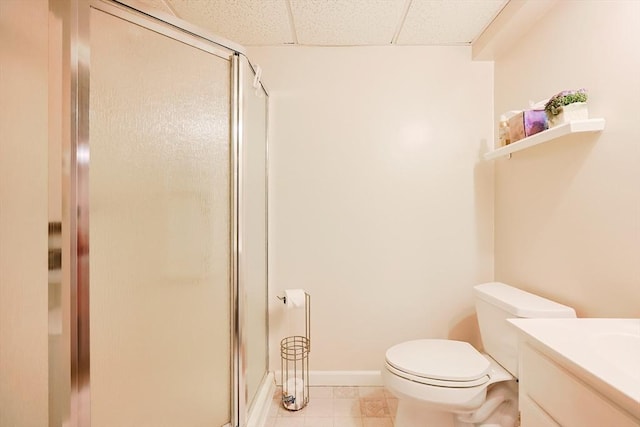15 Amys Way, Franklin, MA 02038 - bathroom featuring a stall shower, vanity, a paneled ceiling, toilet, and tile patterned floors