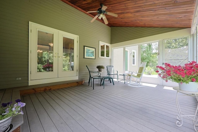 15 Amys Way, Franklin, MA 02038 - sunroom / solarium with lofted ceiling, wooden ceiling, a ceiling fan, french doors, and wood-type flooring