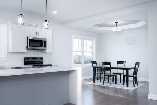 kitchen featuring stainless steel appliances, a raised ceiling, light countertops, decorative backsplash, and dark wood-type flooring