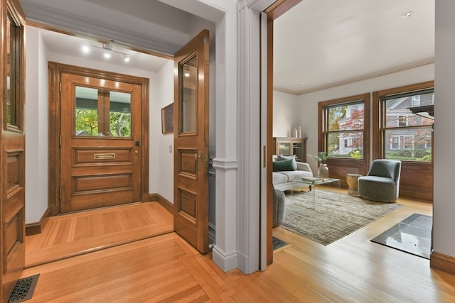 doorway with ornamental molding, plenty of natural light, and light wood-type flooring