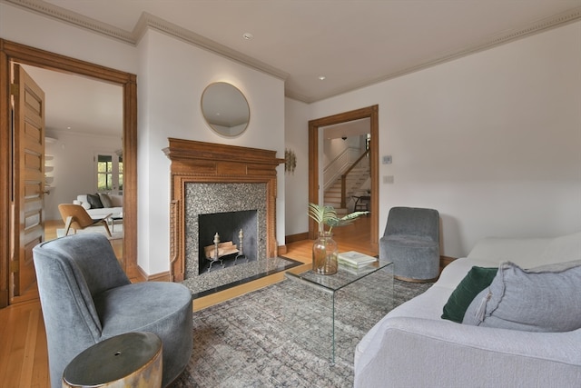 living room featuring crown molding, wood-type flooring, and a fireplace