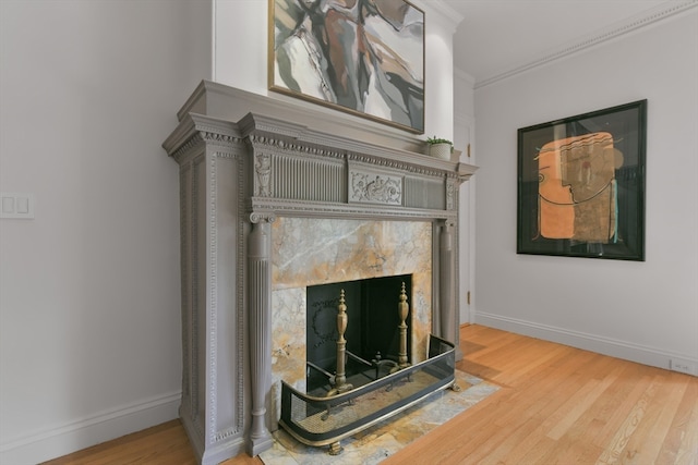 details with a premium fireplace, ornamental molding, and hardwood / wood-style floors