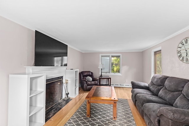 living room with a baseboard radiator, light hardwood / wood-style floors, and crown molding