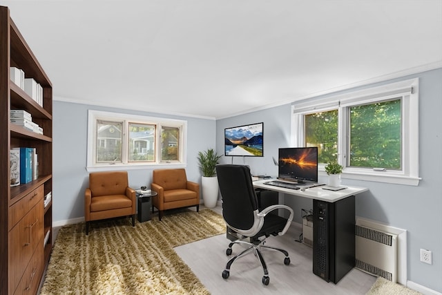 carpeted office with radiator and crown molding