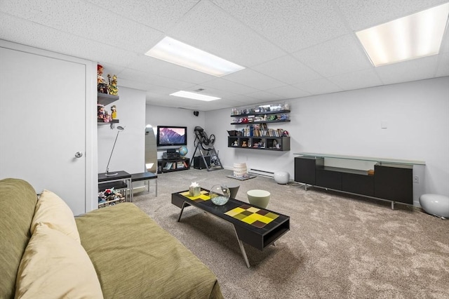 26 Sherwood Rd, Swampscott, MA 01907 - carpeted living room featuring a paneled ceiling and a baseboard heating unit