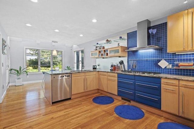 26 Sherwood Rd, Swampscott, MA 01907 - kitchen with stainless steel appliances, a sink, open shelves, a peninsula, and wall chimney exhaust hood