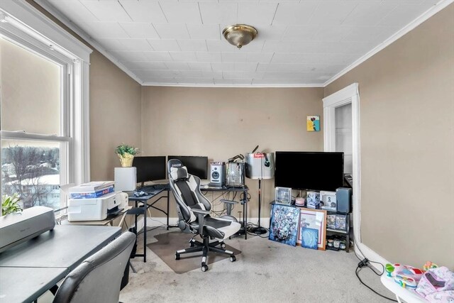 home office featuring crown molding and light carpet