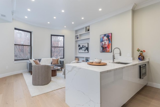577 Masscahusetts Unit C, Boston, MA 02118 - kitchen featuring a sink, ornamental molding, light wood finished floors, light stone countertops, and recessed lighting