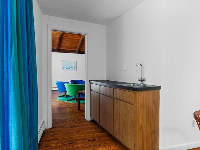 104 Tower Rd, Lincoln, MA 01773 - bar featuring a sink, a baseboard radiator, and dark wood finished floors