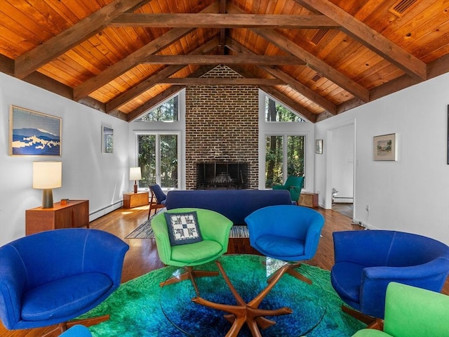 104 Tower Rd, Lincoln, MA 01773 - living room featuring a healthy amount of sunlight, high vaulted ceiling, wood ceiling, and wood finished floors