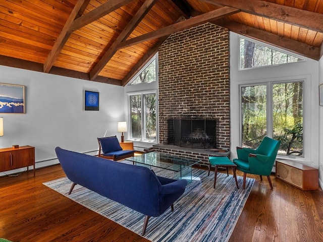 104 Tower Rd, Lincoln, MA 01773 - living room with a fireplace, beam ceiling, high vaulted ceiling, wooden ceiling, and hardwood / wood-style floors