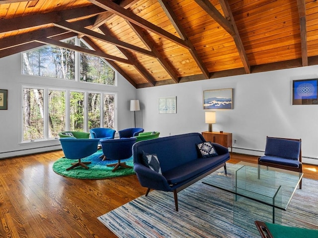 104 Tower Rd, Lincoln, MA 01773 - living room with beam ceiling, wooden ceiling, baseboard heating, and wood finished floors