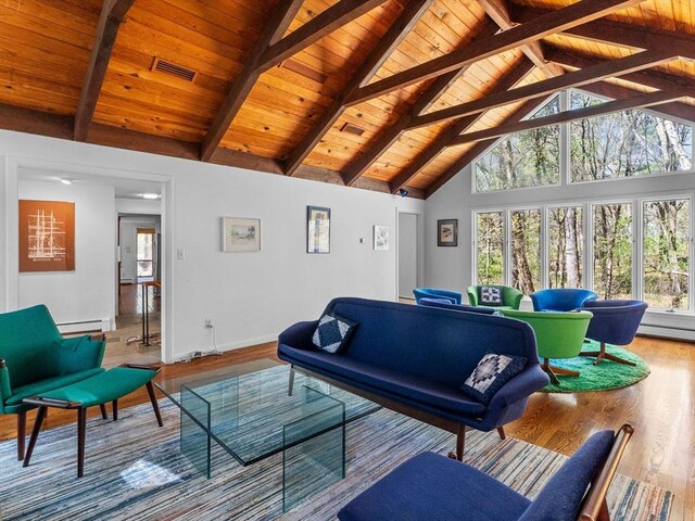 104 Tower Rd, Lincoln, MA 01773 - living area with a baseboard heating unit, a healthy amount of sunlight, and wooden ceiling