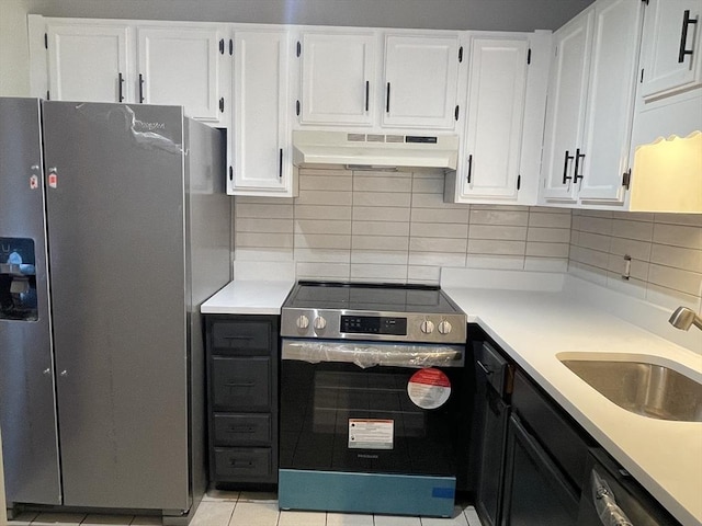 kitchen with white cabinetry, sink, backsplash, and stainless steel appliances