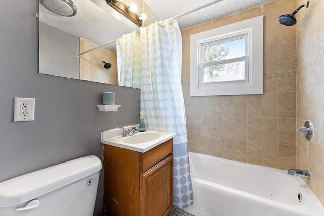 full bathroom featuring shower / tub combo, vanity, a textured ceiling, and toilet