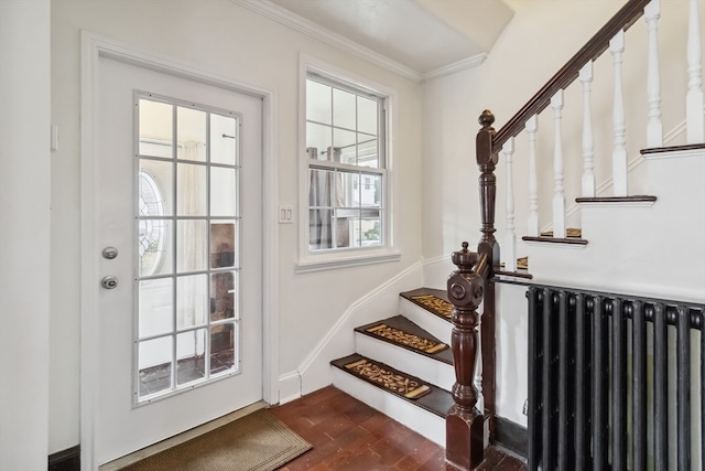 interior space with radiator heating unit, dark wood-type flooring, and crown molding