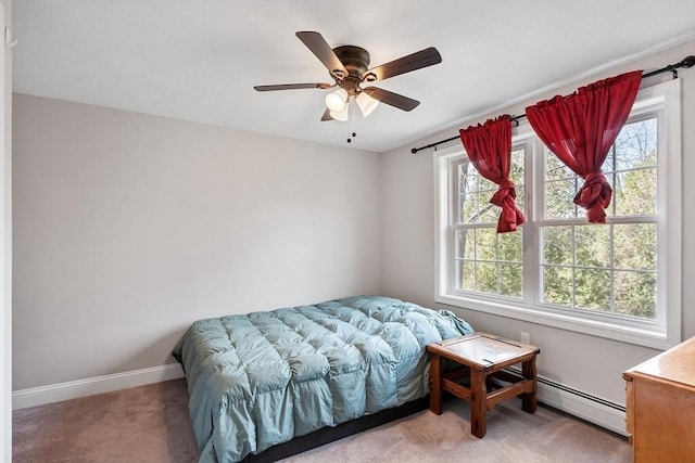 carpeted bedroom featuring ceiling fan, baseboards, and a baseboard heating unit