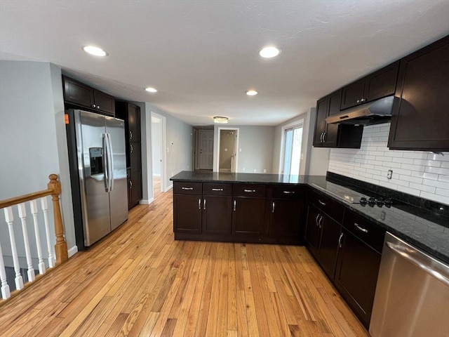 kitchen featuring light wood-style flooring, appliances with stainless steel finishes, a peninsula, under cabinet range hood, and backsplash