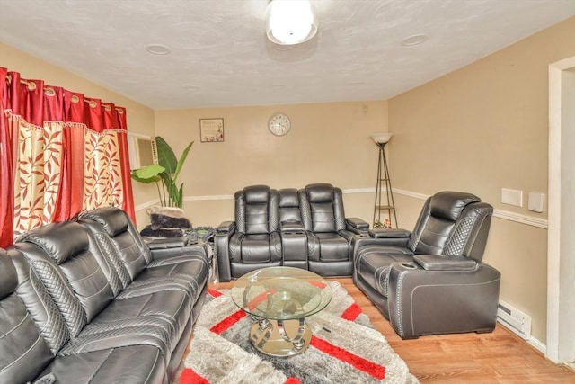 home theater room featuring wood finished floors, a baseboard radiator, and baseboards