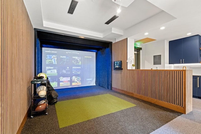playroom featuring carpet floors, recessed lighting, and golf simulator