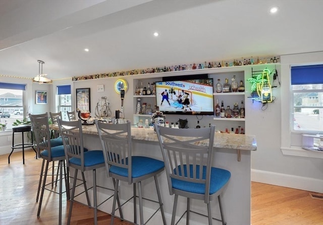 14 Lewis St, Hull, MA 02045 - indoor dry bar featuring baseboards, light wood-style flooring, recessed lighting, and hanging light fixtures