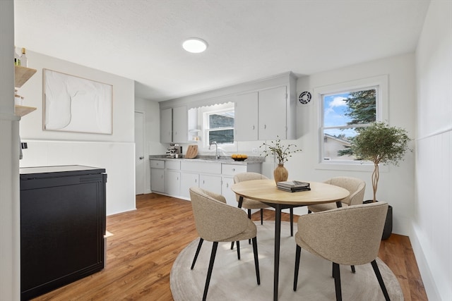 dining space with light hardwood / wood-style floors, a healthy amount of sunlight, and sink