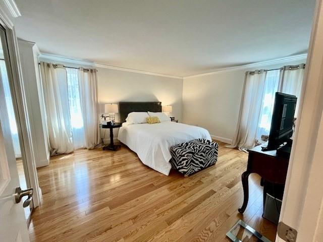bedroom featuring ornamental molding, multiple windows, and light wood-type flooring