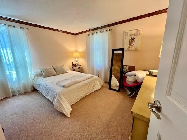 bedroom featuring light colored carpet and ornamental molding