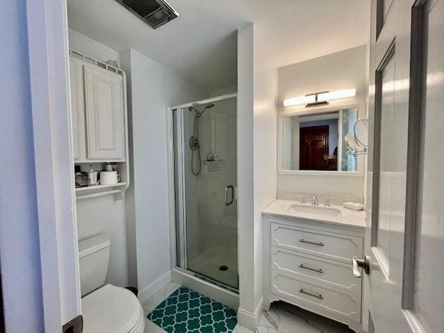 full bathroom with visible vents, a stall shower, vanity, baseboards, and toilet