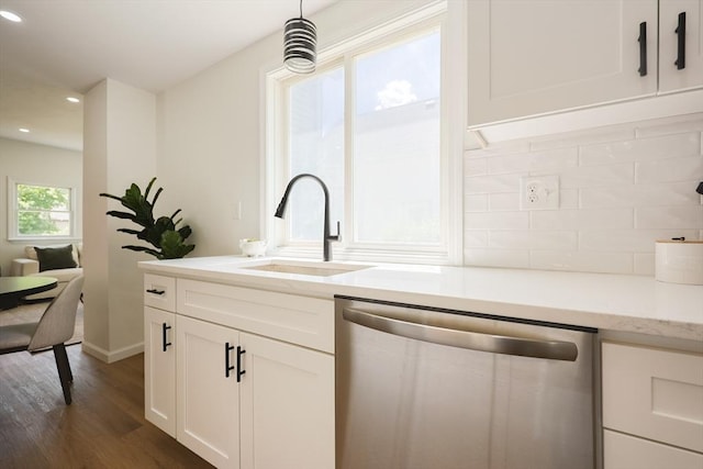 28 Custer St, Rockland, MA 02370 - kitchen with dishwasher, a sink, recessed lighting, decorative backsplash, and dark wood-type flooring