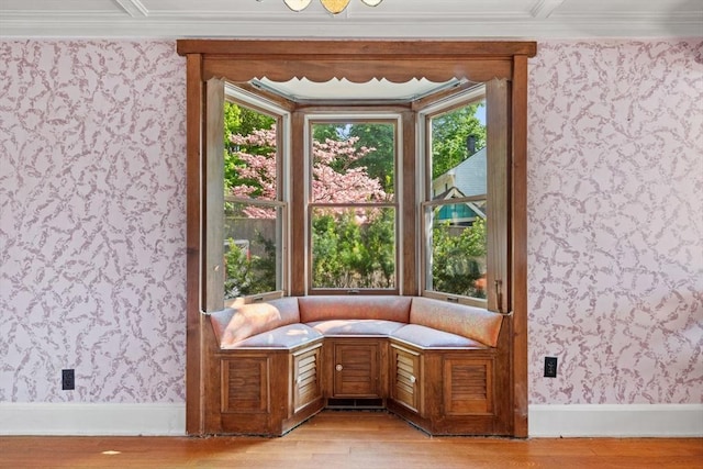 676 Salem St, Groveland, MA 01834 - unfurnished room featuring wallpapered walls, light wood finished floors, baseboards, plenty of natural light, and ornamental molding