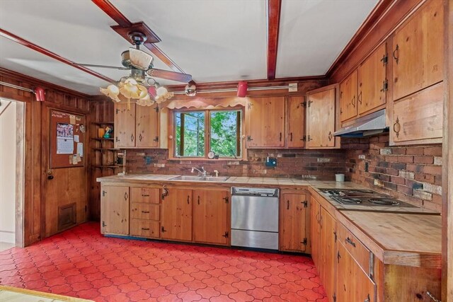 676 Salem St, Groveland, MA 01834 - kitchen with appliances with stainless steel finishes, under cabinet range hood, tile counters, a sink, and tasteful backsplash