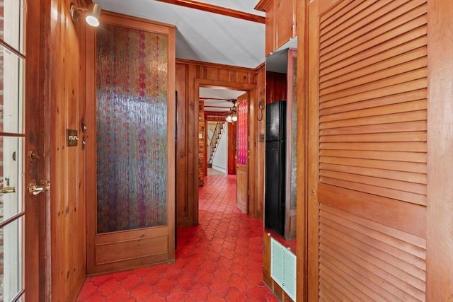 676 Salem St, Groveland, MA 01834 - hall featuring tile patterned floors, stairs, and wooden walls