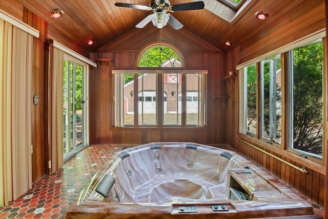 676 Salem St, Groveland, MA 01834 - sunroom featuring a hot tub, vaulted ceiling, and a skylight