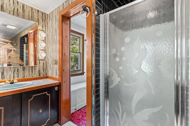 676 Salem St, Groveland, MA 01834 - bathroom with a shower stall, crown molding, and vanity