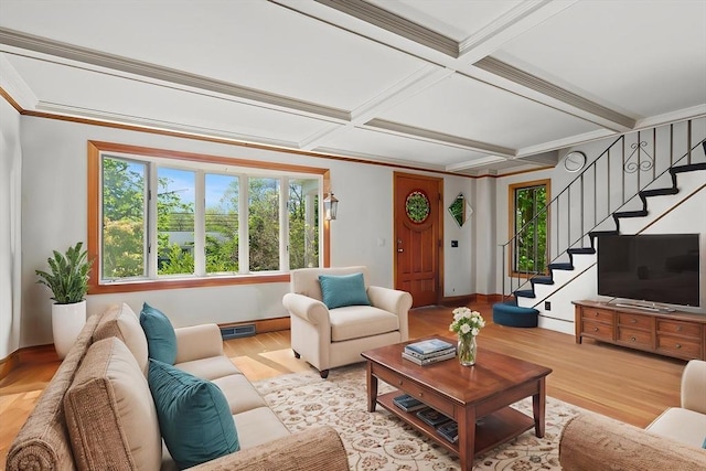 676 Salem St, Groveland, MA 01834 - living area featuring wood finished floors, coffered ceiling, baseboards, stairs, and beamed ceiling