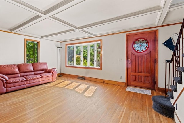 676 Salem St, Groveland, MA 01834 - living room with coffered ceiling, stairs, baseboards, wood-type flooring, and beam ceiling