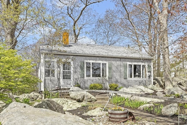 view of front of property featuring a chimney and roof with shingles