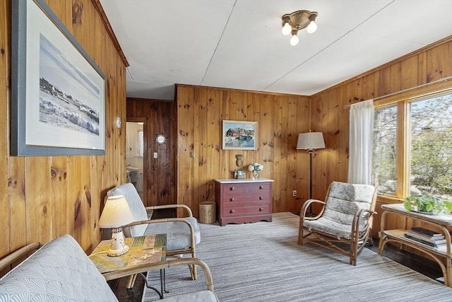 sitting room featuring wood walls and carpet floors