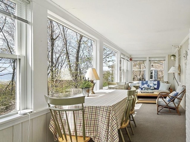 sunroom featuring plenty of natural light, ornamental molding, and carpet