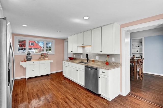 kitchen featuring a sink, white cabinetry, baseboards, appliances with stainless steel finishes, and dark wood-style floors