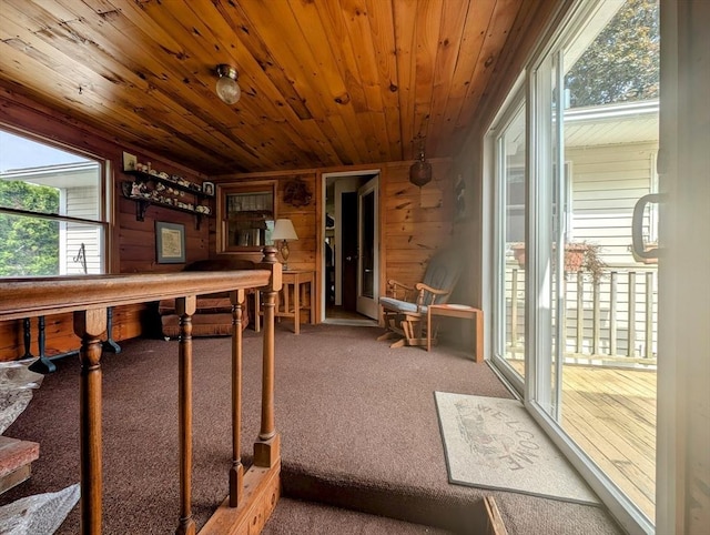 74 Ellis Rd, Southbridge, MA 01550 - interior space with carpet, wood ceiling, and wood walls