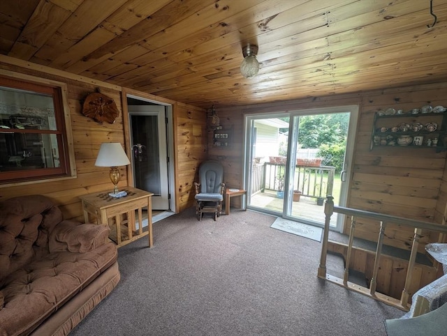 74 Ellis Rd, Southbridge, MA 01550 - carpeted living room featuring wood ceiling and wood walls