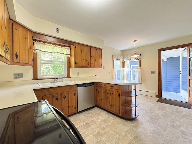 4 Norman Cir, Montague, MA 01376 - kitchen with stainless steel dishwasher, a sink, a baseboard radiator, and brown cabinets