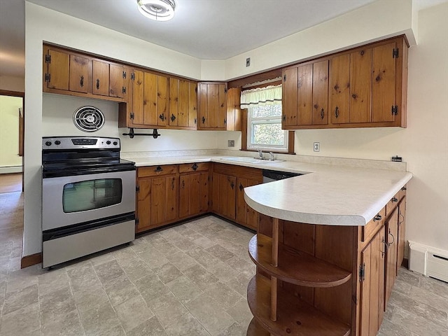 4 Norman Cir, Montague, MA 01376 - kitchen with stainless steel electric stove, open shelves, a sink, light countertops, and brown cabinets