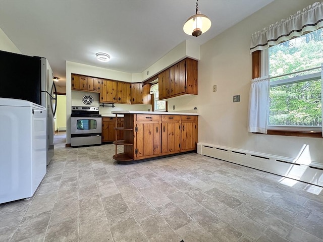 4 Norman Cir, Montague, MA 01376 - kitchen with stainless steel range with electric cooktop, brown cabinetry, a baseboard radiator, stone tile floors, and light countertops