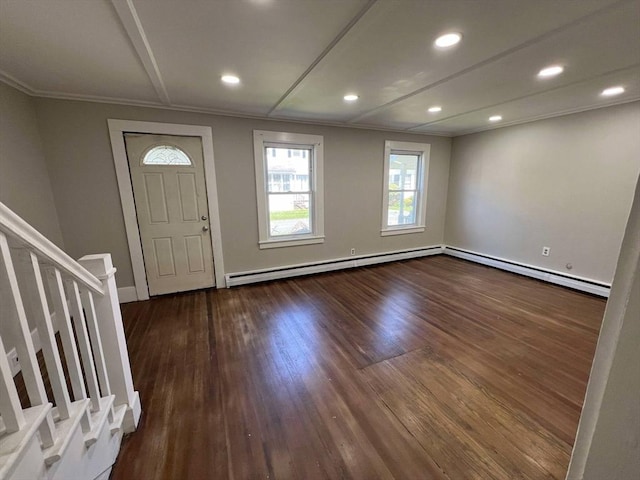 59 Carson Ave Unit 59, Clarksburg, MA 01247 - entrance foyer featuring baseboard heating, ornamental molding, dark wood-style flooring, recessed lighting, and baseboards